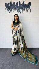 Elegant Ivory & Deep Green Traditional Printed Saree with Artistic Ethnic Pallu