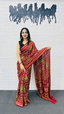 Royal Maroon Patola Silk Saree with Multicolor Traditional Weaving | Premium Festive & Cultural Wear