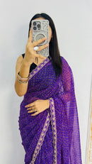 Luxury Royal Purple Linen Saree with Textured Micro Prints & Elegant Scalloped Lace Border