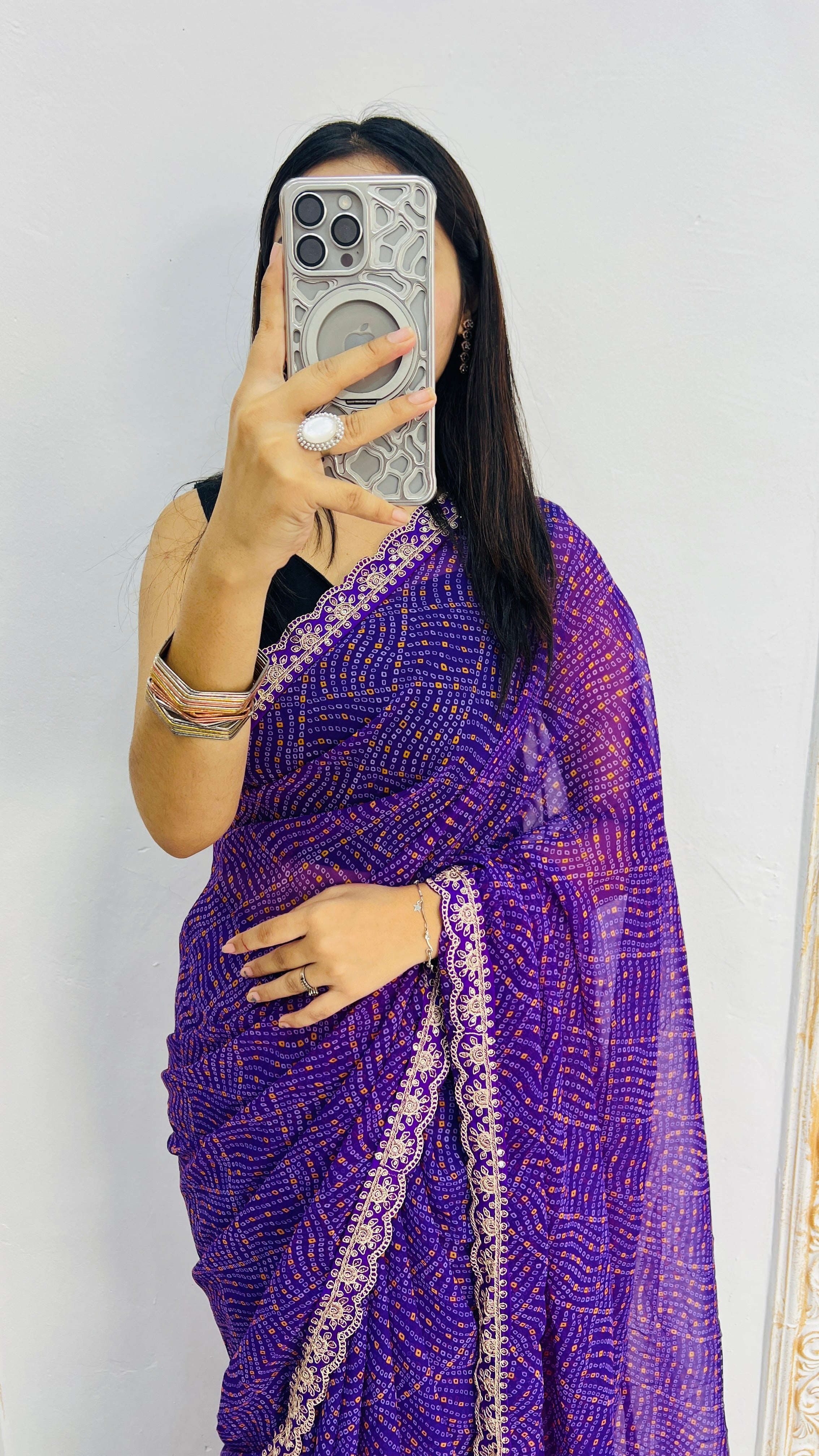 Luxury Royal Purple Linen Saree with Textured Micro Prints & Elegant Scalloped Lace Border
