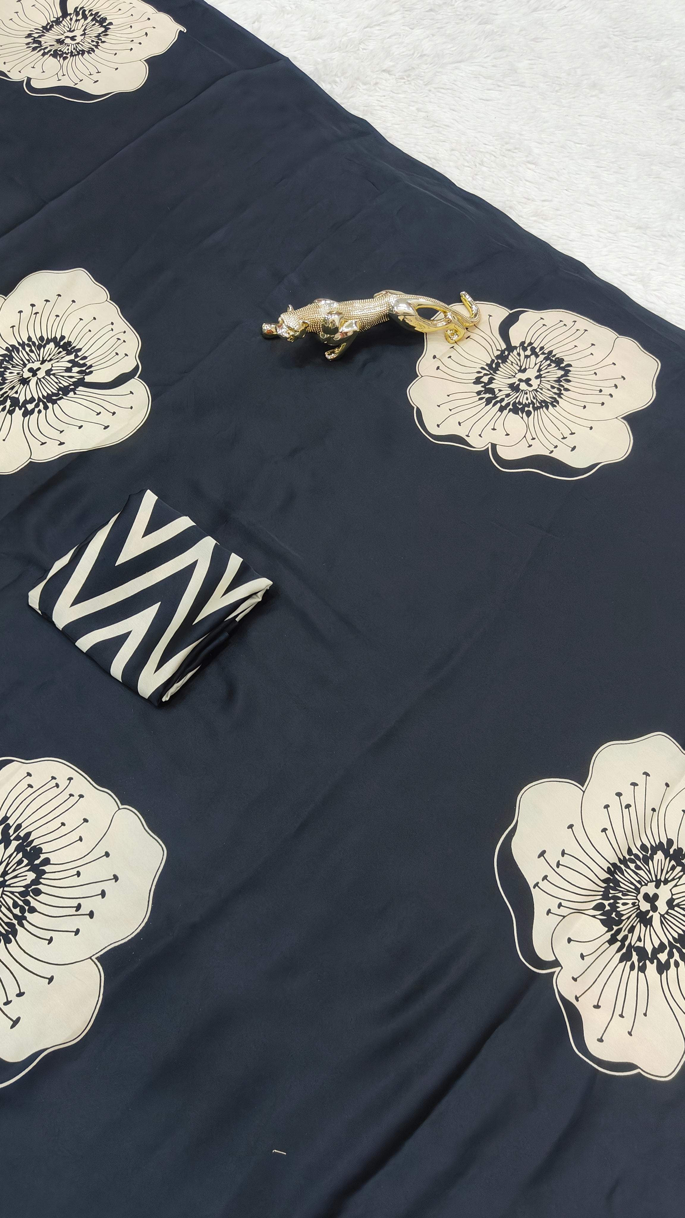 Midnight Noir Cotton Silk Saree with Artistic Floral Statement Design