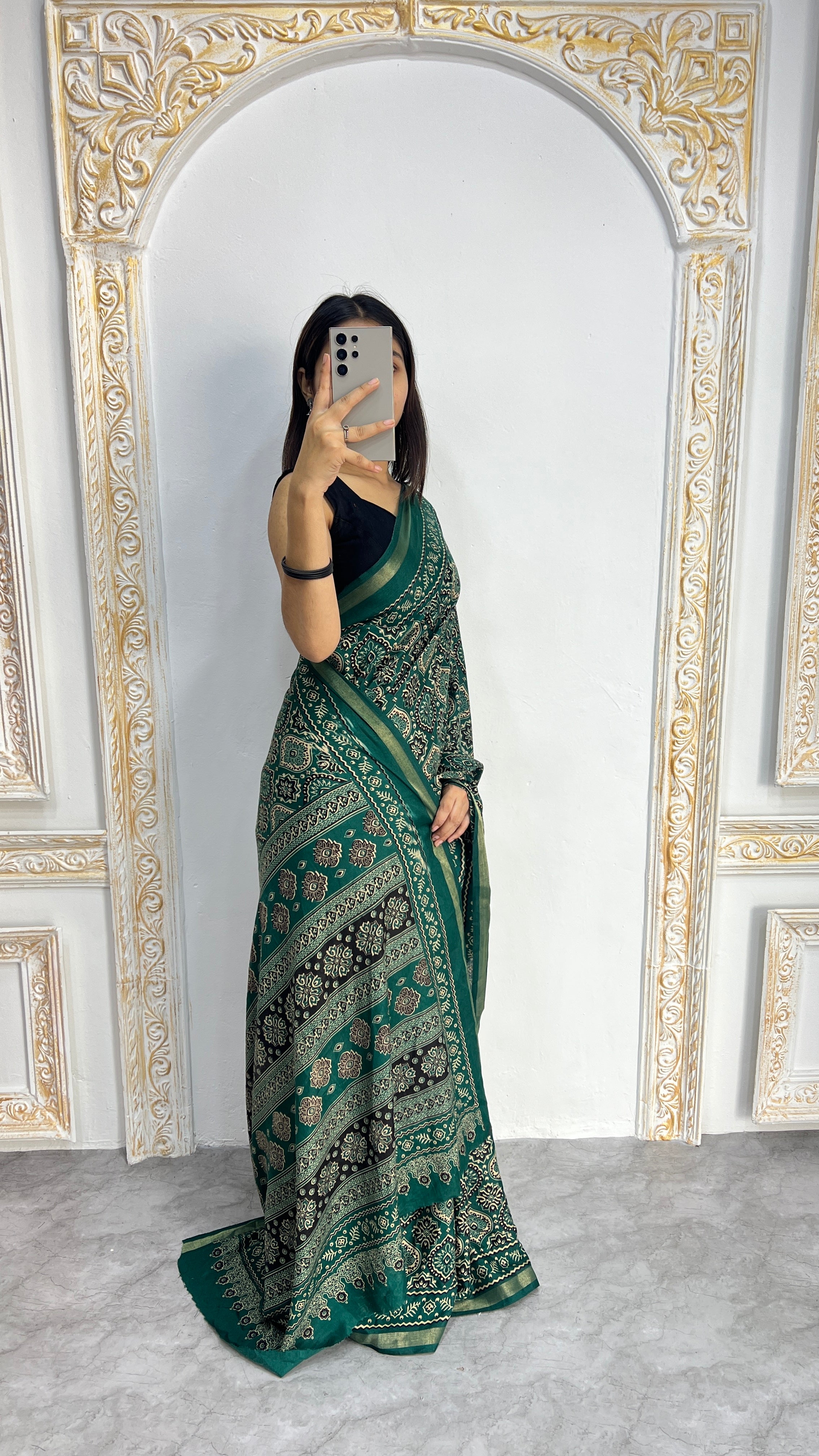 Luxury Emerald Green Ajrakh-Inspired Printed Saree with Intricate Heritage Motifs & Grand Designer Pallu