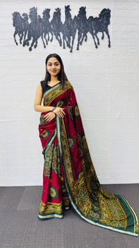 Traditional Ruby Red Designer Saree with Deep Green Heritage Border