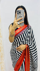 Luxury Black & White Striped Saree with Rich Red Zari Border & Traditional Statement Pallu