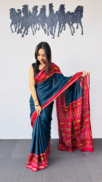 Elegant Teal Blue Designer Saree with Vibrant Red Folk Art Pallu