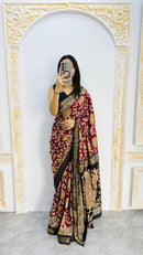 Royal Crimson Mal Mal Silk Saree with Antique Gold Floral Zari Elegance