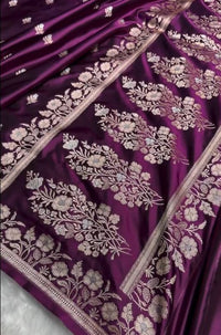 Royal Purple Banarasi Silk Saree with Silver Zari Butti & Floral Border | Premium Wedding & Festive Wear