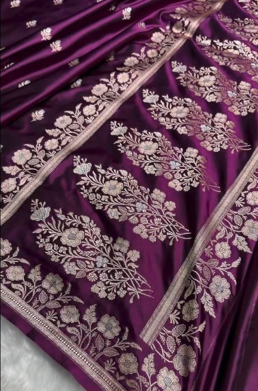Royal Purple Banarasi Silk Saree with Silver Zari Butti & Floral Border | Premium Wedding & Festive Wear