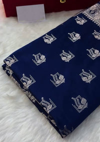 Royal Navy Blue Banarasi Silk Saree with Silver Zari Floral Buttas & Elegant Border