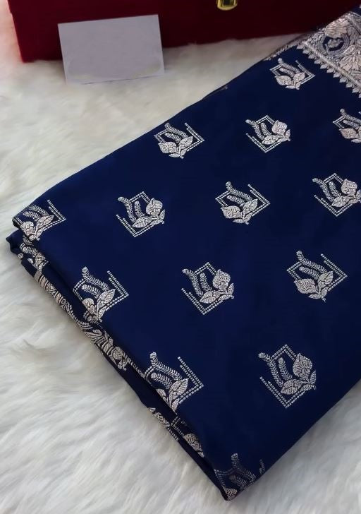 Royal Navy Blue Banarasi Silk Saree with Silver Zari Floral Buttas & Elegant Border