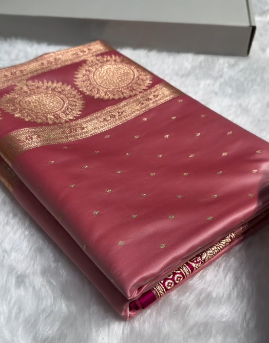 Elegant Rose Peach Satin Silk Saree with Rich Golden Zari Border