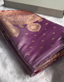 Royal Lavender Satin Silk Saree with Exquisite Golden Zari Weaving