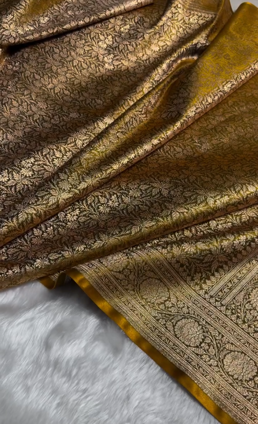 Radiant Golden Satin Silk Saree with All-Over Floral Zari Weaving