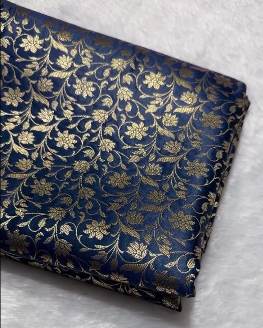 Midnight Blue Banarasi Silk Saree with All-Over Gold Zari Floral Jaal Weaving