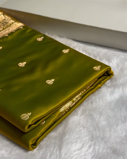 Majestic Olive Green Satin Silk Saree with Elegant Golden Zari Motifs
