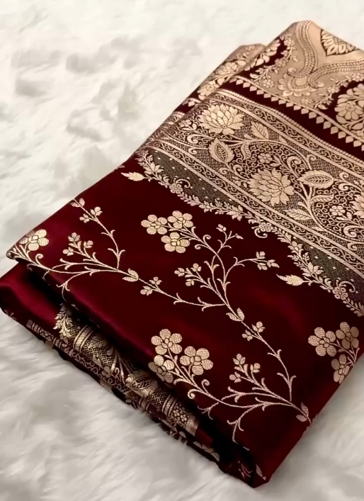 Royal Maroon Silk Saree with Heavy Gold Zari Floral Weaving