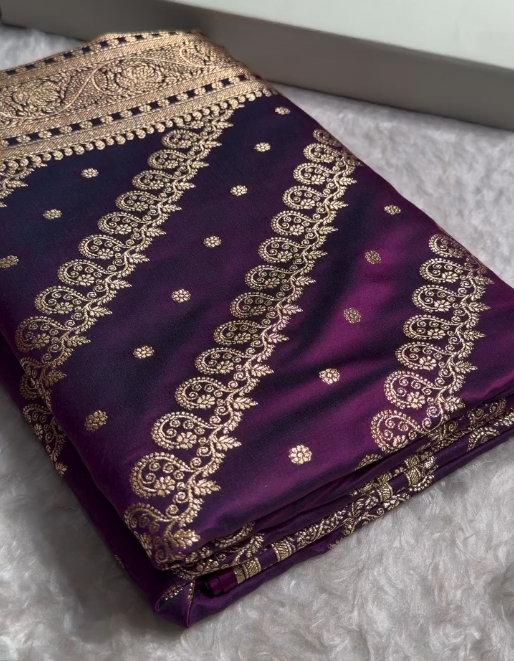 Royal Purple Banarasi Silk Saree with Gold Zari Paisley Border and Butta