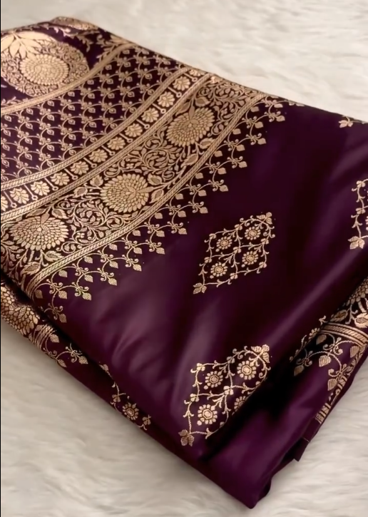 Wine Purple Banarasi Silk Saree with Heavy Floral Gold Zari Border