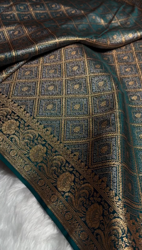 Teal Green Satin Silk Saree with Intricate Golden Zari Check Weaving