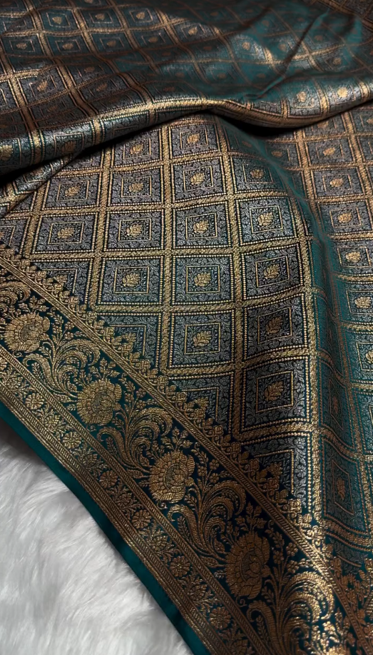 Teal Green Satin Silk Saree with Intricate Golden Zari Check Weaving