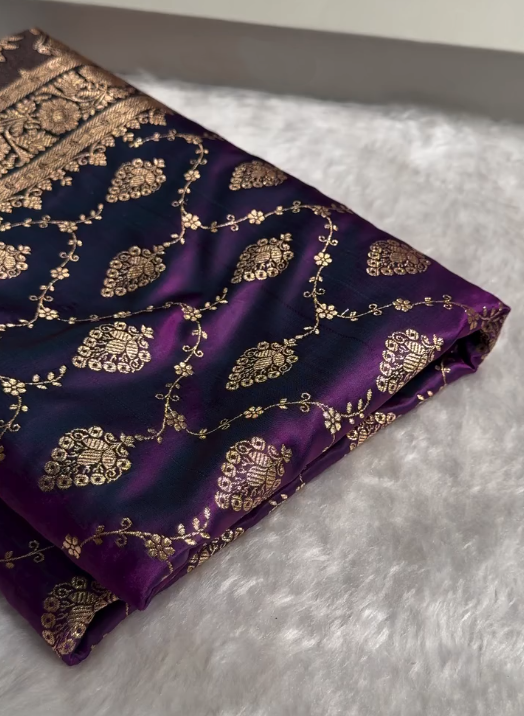 Royal Purple Satin Silk Saree with Elegant Golden Zari Floral Weaving