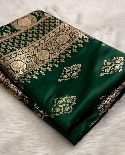 Emerald Green Silk Saree with Heavy Gold Zari Floral Weaving