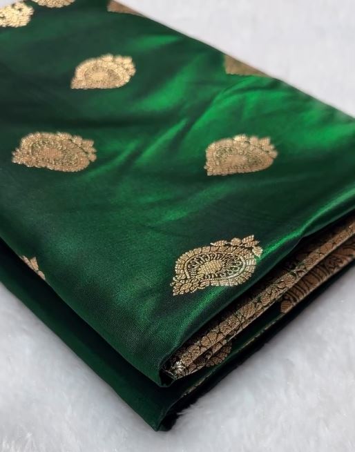 Emerald Green Banarasi Silk Saree with Gold Zari Paisley Buttas & Regal Border