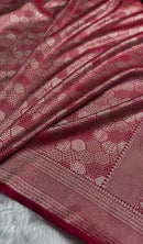 Rose Red Banarasi Silk Saree with All-Over Hexagon Zari Weaving & Rich Border | Premium Wedding Wear