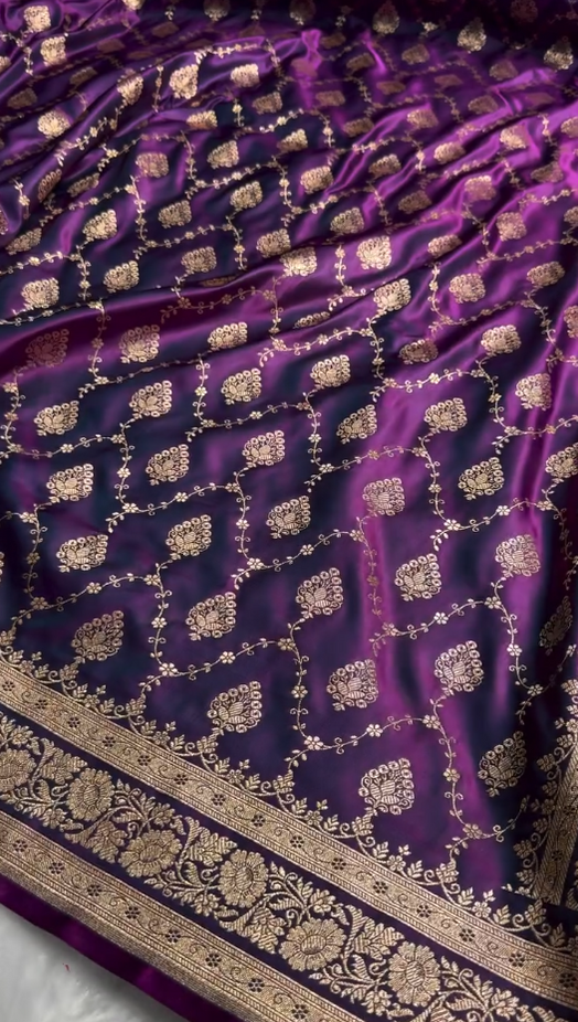 Royal Purple Satin Silk Saree with Elegant Golden Zari Floral Weaving