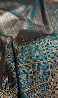 Teal Green Satin Silk Saree with Intricate Golden Zari Check Weaving