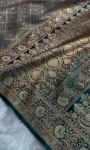 Teal Green Satin Silk Saree with Intricate Golden Zari Check Weaving