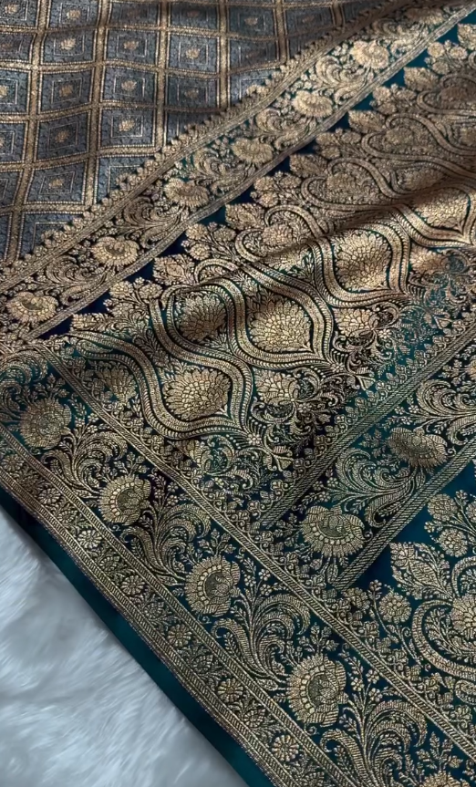 Teal Green Satin Silk Saree with Intricate Golden Zari Check Weaving