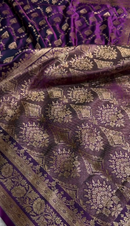Royal Purple Satin Silk Saree with Elegant Golden Zari Floral Weaving