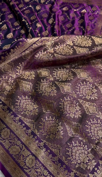 Royal Purple Satin Silk Saree with Elegant Golden Zari Floral Weaving