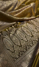 Radiant Golden Satin Silk Saree with All-Over Floral Zari Weaving