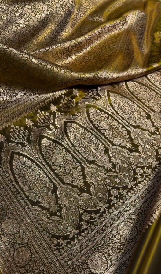 Radiant Golden Satin Silk Saree with All-Over Floral Zari Weaving