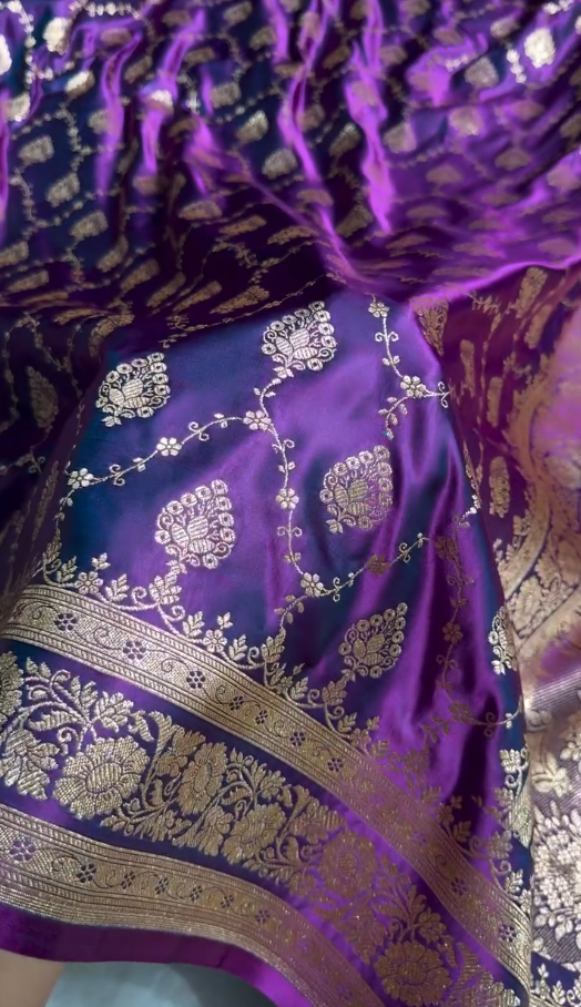 Royal Purple Satin Silk Saree with Elegant Golden Zari Floral Weaving