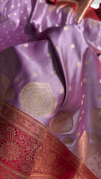 Royal Lavender Satin Silk Saree with Exquisite Golden Zari Weaving
