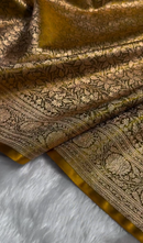 Radiant Golden Satin Silk Saree with All-Over Floral Zari Weaving