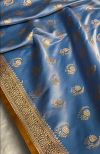 Royal Blue Satin Silk Saree with Exquisite Golden Zari Border and Paisley Weaving