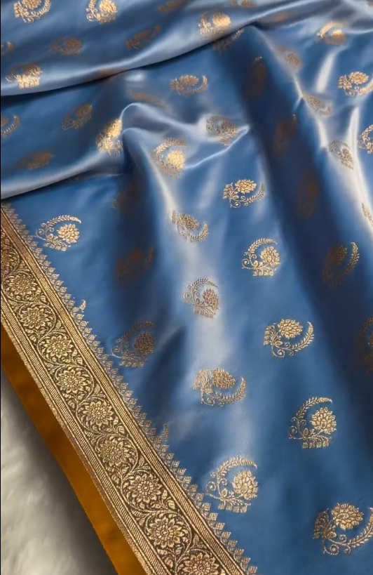 Royal Blue Satin Silk Saree with Exquisite Golden Zari Border and Paisley Weaving