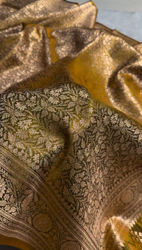 Radiant Golden Satin Silk Saree with All-Over Floral Zari Weaving