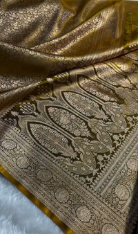 Radiant Golden Satin Silk Saree with All-Over Floral Zari Weaving