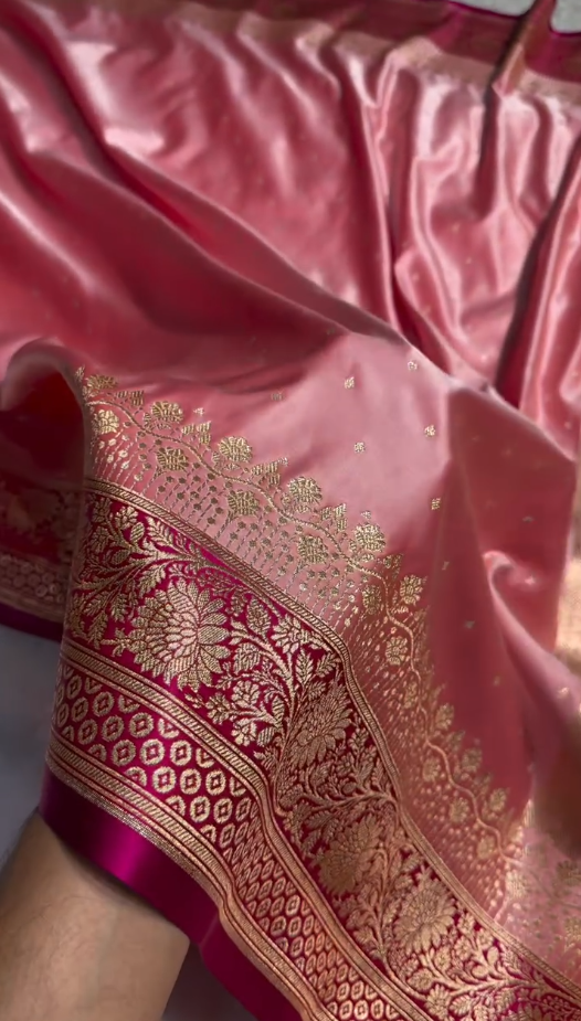 Elegant Rose Peach Satin Silk Saree with Rich Golden Zari Border