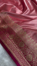 Elegant Rose Peach Satin Silk Saree with Rich Golden Zari Border