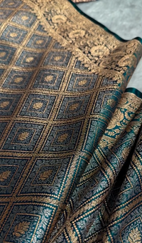 Teal Green Satin Silk Saree with Intricate Golden Zari Check Weaving