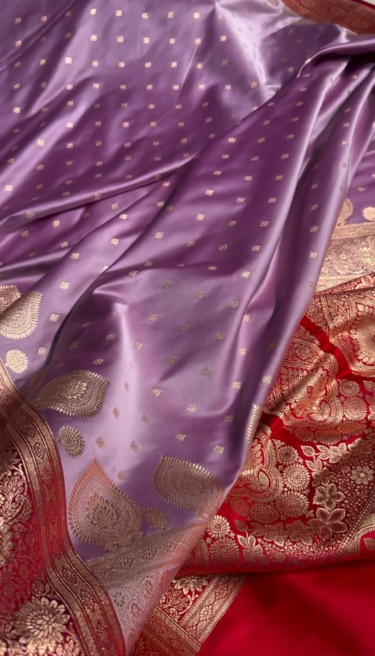 Royal Lavender Satin Silk Saree with Exquisite Golden Zari Weaving
