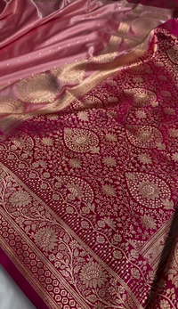 Elegant Rose Peach Satin Silk Saree with Rich Golden Zari Border