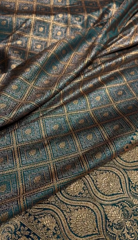 Teal Green Satin Silk Saree with Intricate Golden Zari Check Weaving