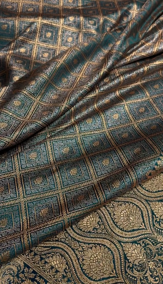 Teal Green Satin Silk Saree with Intricate Golden Zari Check Weaving